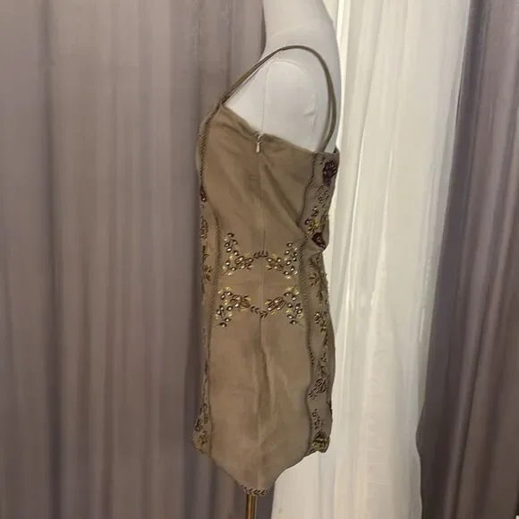 Haute Hippie genuine suede/silk lining embroidered/beaded mini dress, S